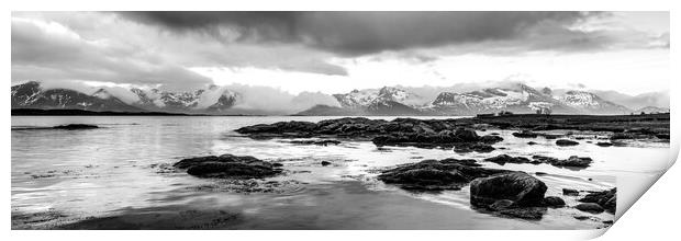 Knutsad beach and mountains vestvagoy lofoten islands black and  Print by Sonny Ryse