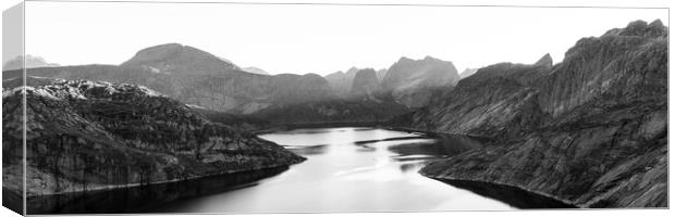 Lake Solbjornvatnet Moskenesoya Lofoten Islands Black and white Canvas Print by Sonny Ryse