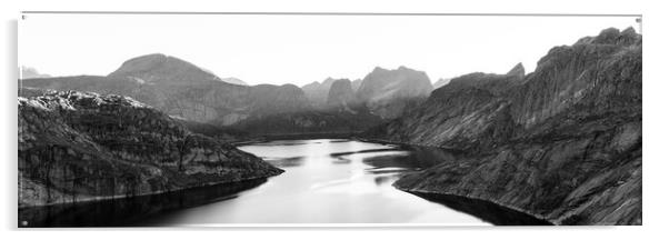Lake Solbjornvatnet Moskenesoya Lofoten Islands Black and white Acrylic by Sonny Ryse