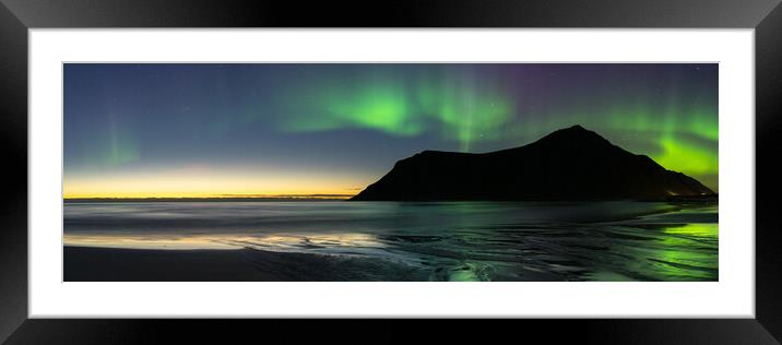 Lofoten islands northern lights aurora skagsanden beach flakstad Framed Mounted Print by Sonny Ryse