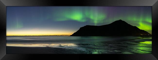 Lofoten islands northern lights aurora skagsanden beach flakstad Framed Print by Sonny Ryse