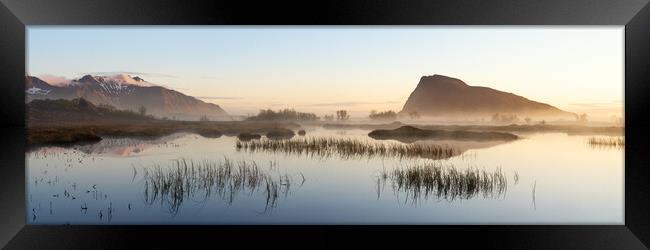 Midnight sun Hoven Mountain Gimsoy island lake Lofoten Islands N Framed Print by Sonny Ryse