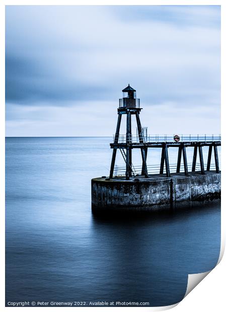 The Red Shipping Lighthouse On The East Pier At Whitby On A Cold Print by Peter Greenway
