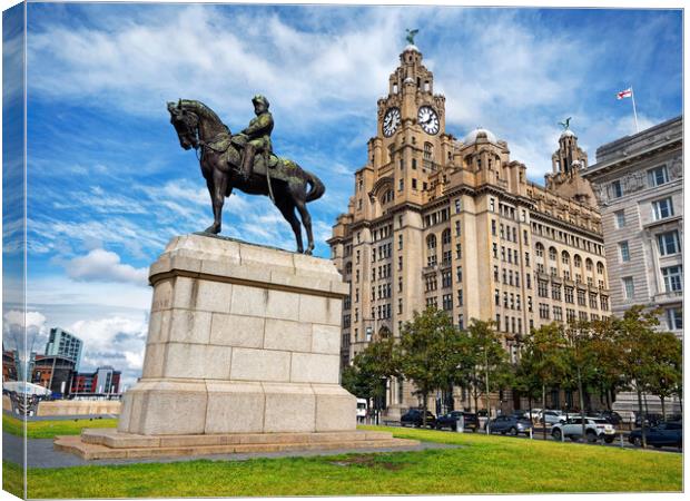 Royal Liver Building and King Edward V11 Monument  Canvas Print by Darren Galpin