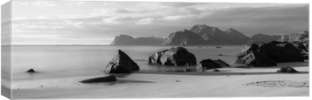 Myrland beach Midnight sun black and white lofoten islands Canvas Print by Sonny Ryse
