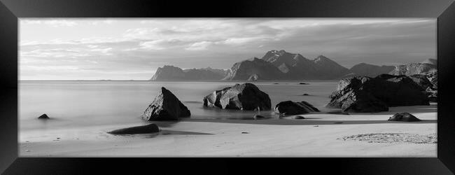 Myrland beach Midnight sun black and white lofoten islands Framed Print by Sonny Ryse