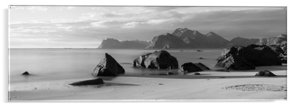 Myrland beach Midnight sun black and white lofoten islands Acrylic by Sonny Ryse