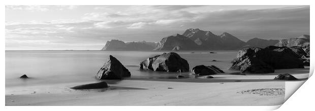 Myrland beach Midnight sun black and white lofoten islands Print by Sonny Ryse
