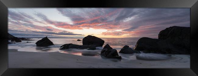 Myrland beach sunset Flakstadoya Lofoten Islands Framed Print by Sonny Ryse