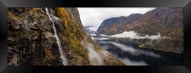 Naeroyfjord Waterfall autumn Aerial Aurland Vestland Norway Framed Print by Sonny Ryse