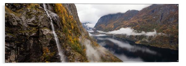 Naeroyfjord Waterfall autumn Aerial Aurland Vestland Norway Acrylic by Sonny Ryse