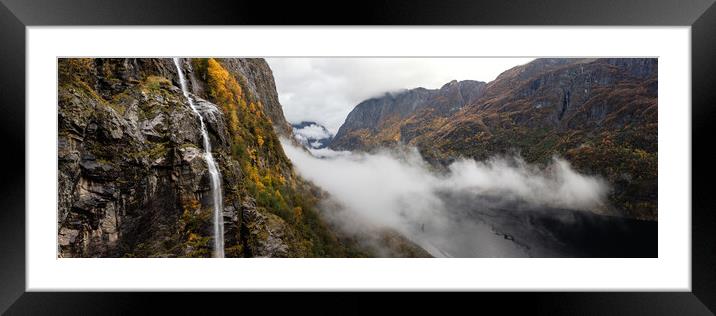 Naeroyfjord Waterfall autumn Aerial Aurland Vestland Norway Framed Mounted Print by Sonny Ryse