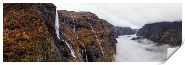 Naeroyfjord Waterfall autumn Aerial Aurland Vestland Norway Print by Sonny Ryse
