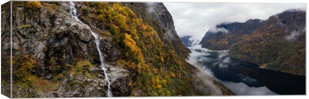 Naeroyfjord Waterfall autumn Aerial Aurland Vestland Norway Canvas Print by Sonny Ryse