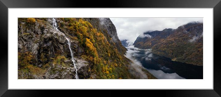 Naeroyfjord Waterfall autumn Aerial Aurland Vestland Norway Framed Mounted Print by Sonny Ryse