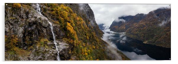 Naeroyfjord Waterfall autumn Aerial Aurland Vestland Norway Acrylic by Sonny Ryse