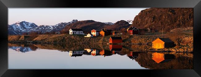 Norwegian arctic circle village cabins and boathouses lofoten Is Framed Print by Sonny Ryse