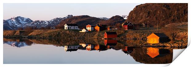 Norwegian arctic circle village cabins and boathouses lofoten Is Print by Sonny Ryse