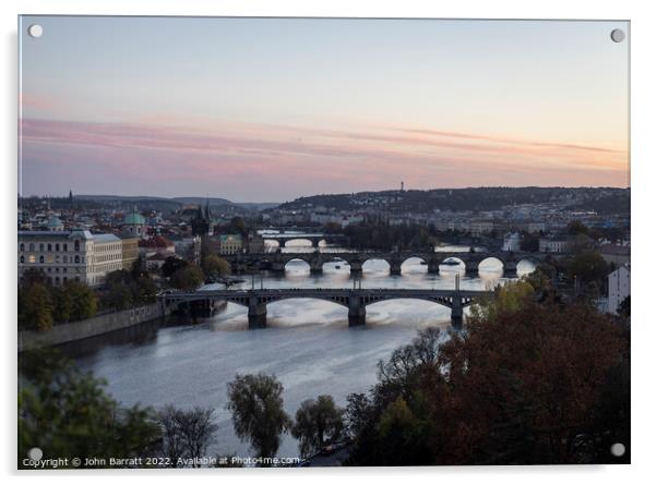 Prague Bridges at Sunset Acrylic by John Barratt