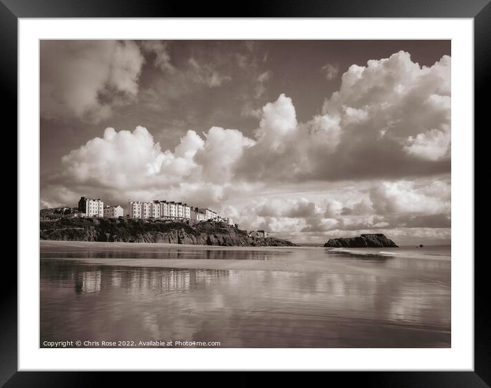 Tenby reflected in the wet sand of South Beach Framed Mounted Print by Chris Rose