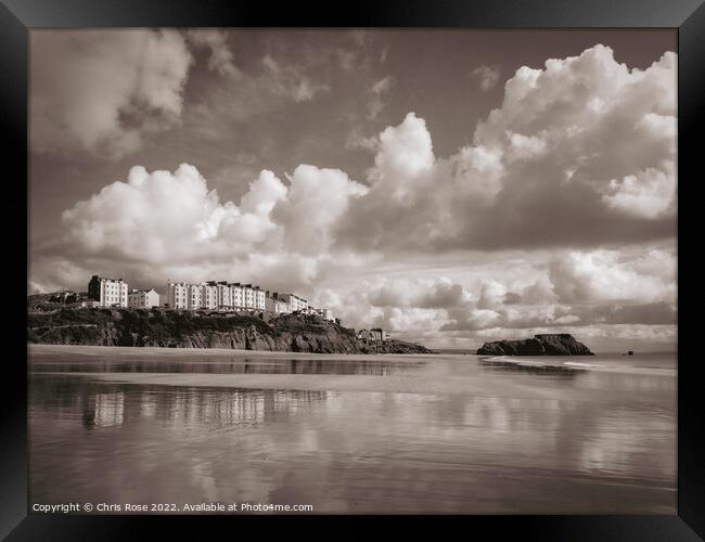 Tenby reflected in the wet sand of South Beach Framed Print by Chris Rose