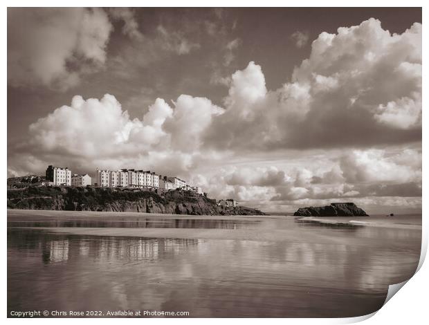 Tenby reflected in the wet sand of South Beach Print by Chris Rose