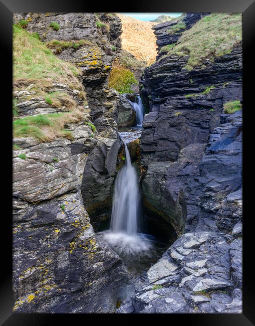 Waterfall at Rocky Valley, near Bossiney Haven in Cornwall Framed Print by Tracey Turner