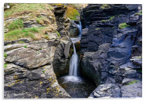 Waterfall at Rocky Valley, near Bossiney Haven in Cornwall Acrylic by Tracey Turner