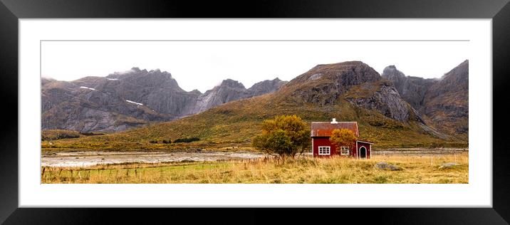 Norwegian Red House in Autumn in Flakstadoya Lofoten Islands Framed Mounted Print by Sonny Ryse