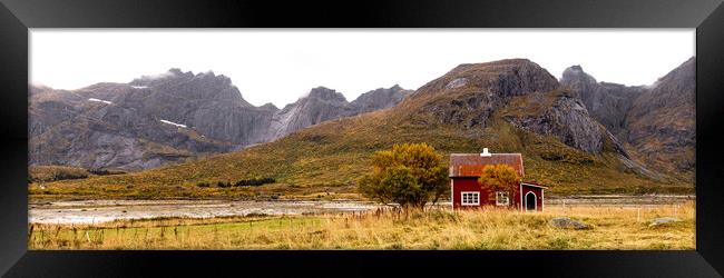 Norwegian Red House in Autumn in Flakstadoya Lofoten Islands Framed Print by Sonny Ryse