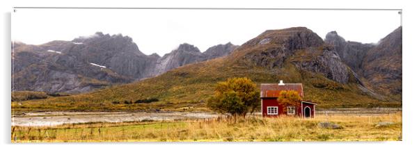 Norwegian Red House in Autumn in Flakstadoya Lofoten Islands Acrylic by Sonny Ryse