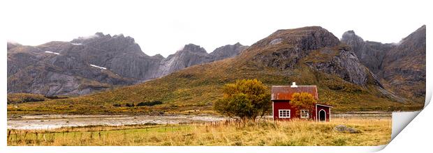 Norwegian Red House in Autumn in Flakstadoya Lofoten Islands Print by Sonny Ryse