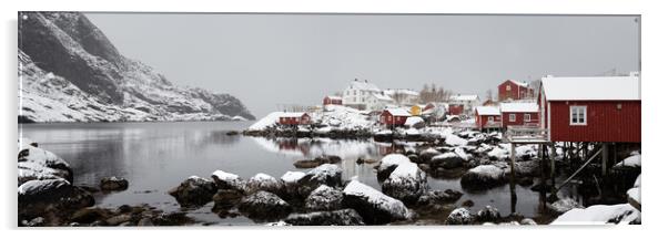 Nusfjord fishing village cabins huts covered in snow Lofoten Isl Acrylic by Sonny Ryse