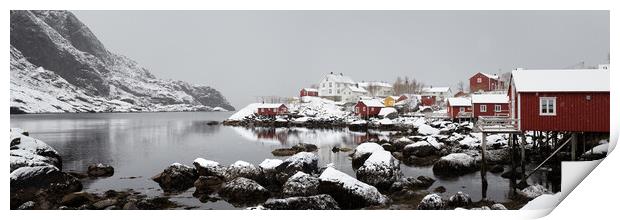 Nusfjord fishing village cabins huts covered in snow Lofoten Isl Print by Sonny Ryse