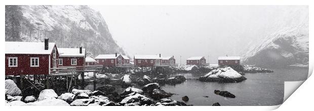 Nusfjord Red cabins huts covered in snow Lofoten Islands in the  Print by Sonny Ryse