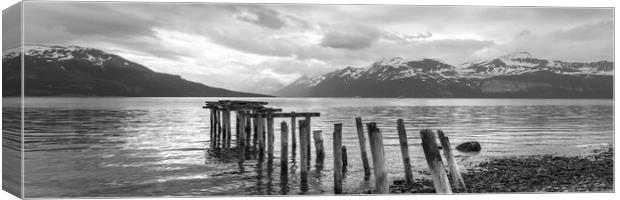 Old fishing Pier Ullsfjorden Fjord Lyngen Alps Black and white T Canvas Print by Sonny Ryse