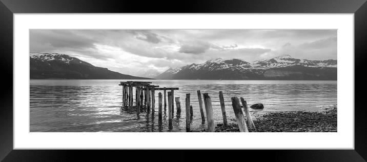 Old fishing Pier Ullsfjorden Fjord Lyngen Alps Black and white T Framed Mounted Print by Sonny Ryse