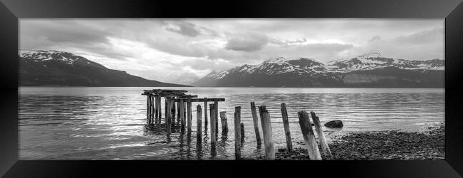 Old fishing Pier Ullsfjorden Fjord Lyngen Alps Black and white T Framed Print by Sonny Ryse