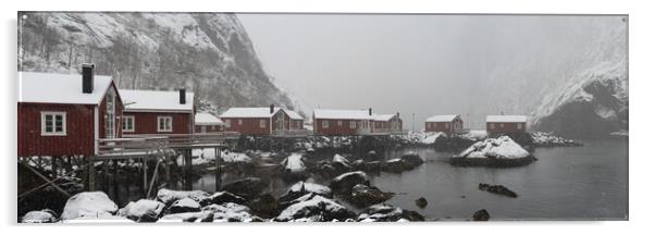 Nusfjord Red cabins huts covered in snow Lofoten Islands arctic  Acrylic by Sonny Ryse