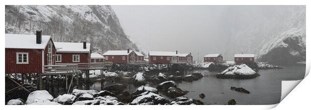Nusfjord Red cabins huts covered in snow Lofoten Islands arctic  Print by Sonny Ryse