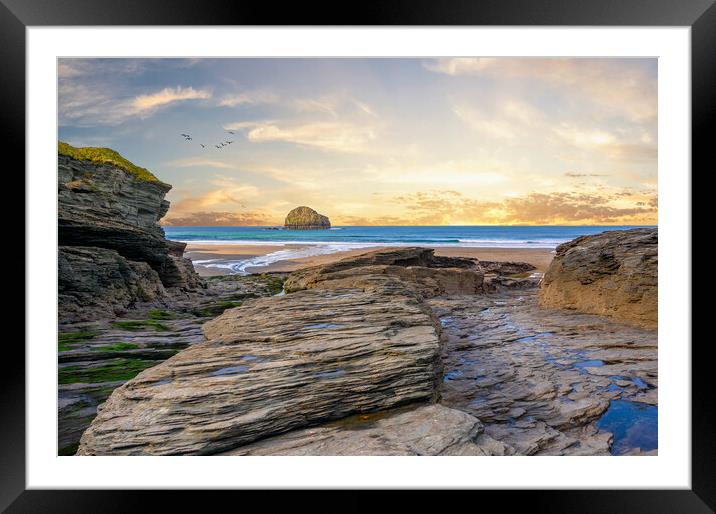 Sunset at Trebarwith Strand in Cornwall Framed Mounted Print by Tracey Turner