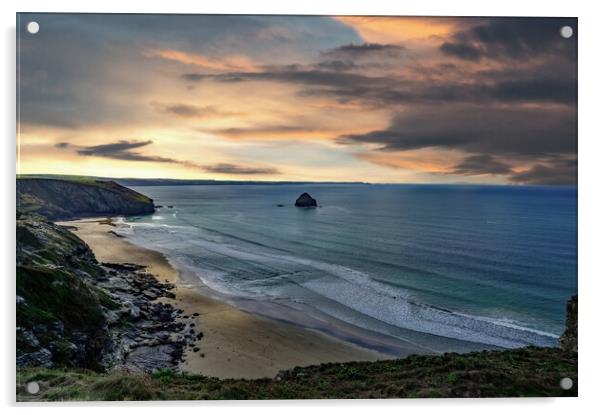 Moody Sunset at Trebarwith Strand Beach, Cornwall Acrylic by Tracey Turner