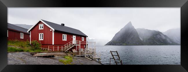 Red Rorbu Rorbuer Fishing cabin hut Reinefjorden Lofoten Islands Framed Print by Sonny Ryse