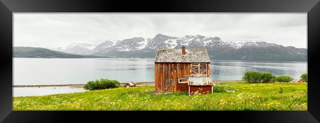 Red Norwegian Farmhouse Lyngen Alps Fjord Troms Norway Framed Print by Sonny Ryse