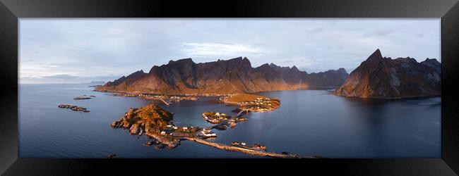 Reinefjorden Sakrisoy and Reine Fishing villages Aerial Lofoten Islands Framed Print by Sonny Ryse