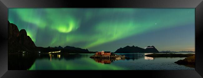Rorbu Rorbuer Red Fishing Hut Aurora Borealis Northern Lights Lo Framed Print by Sonny Ryse
