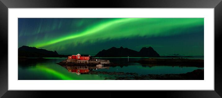 Rorbu Rorbuer Red Fishing Hut Aurora Borealis Northern Lights Lo Framed Mounted Print by Sonny Ryse