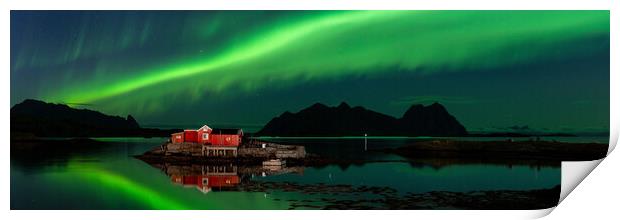 Rorbu Rorbuer Red Fishing Hut Aurora Borealis Northern Lights Lo Print by Sonny Ryse