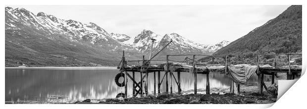 Sorfjorden Old fishing pier Troms Black and white Norway Print by Sonny Ryse
