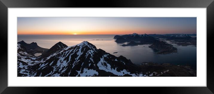 Stornappstinden mountain aerial midnight sun lofoten islands Framed Mounted Print by Sonny Ryse
